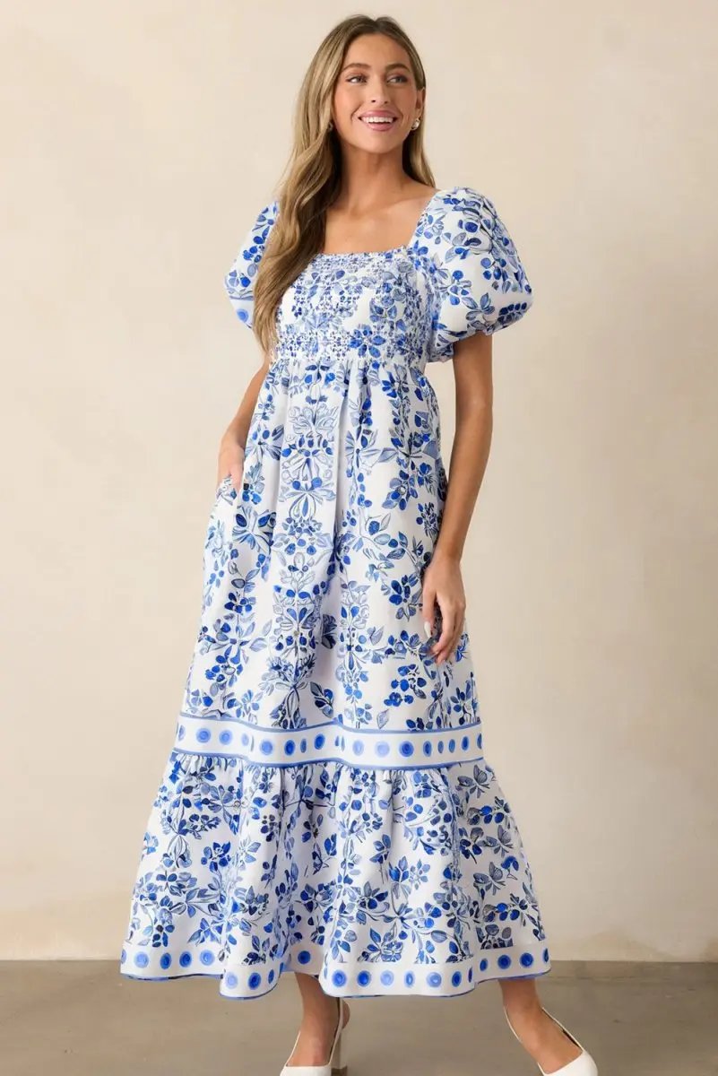 Love Salve Blue Floral Dress Women's Wedding Guest A-Line Summer Dress - Flattering & Stylish
