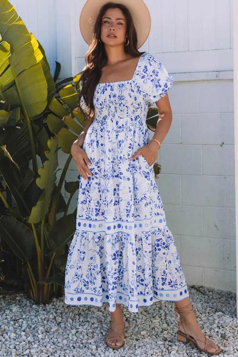 Love Salve Blue Floral Dress Women's Wedding Guest A-Line Summer Dress - Flattering & Stylish