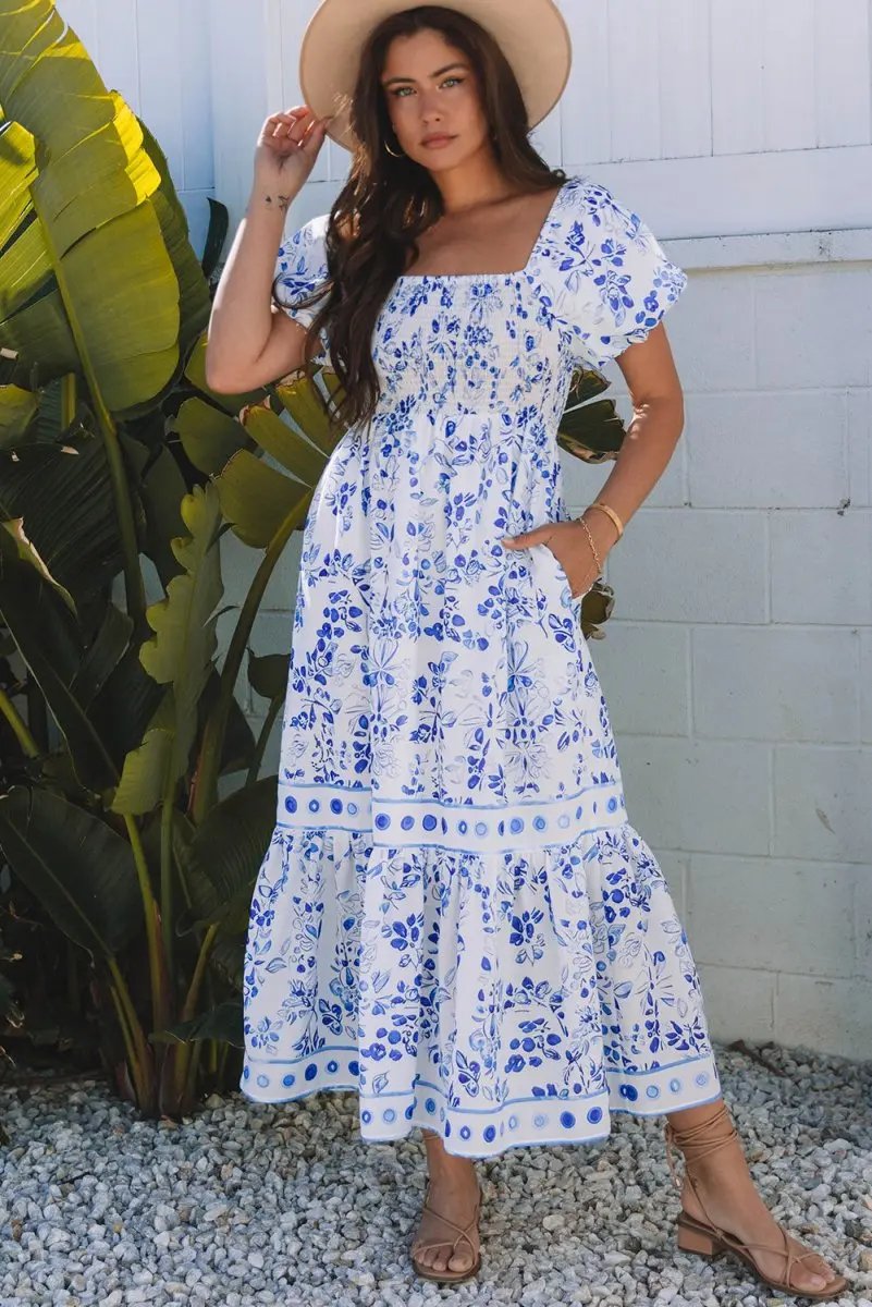 Love Salve Blue Floral Dress Women's Wedding Guest A-Line Summer Dress - Flattering & Stylish