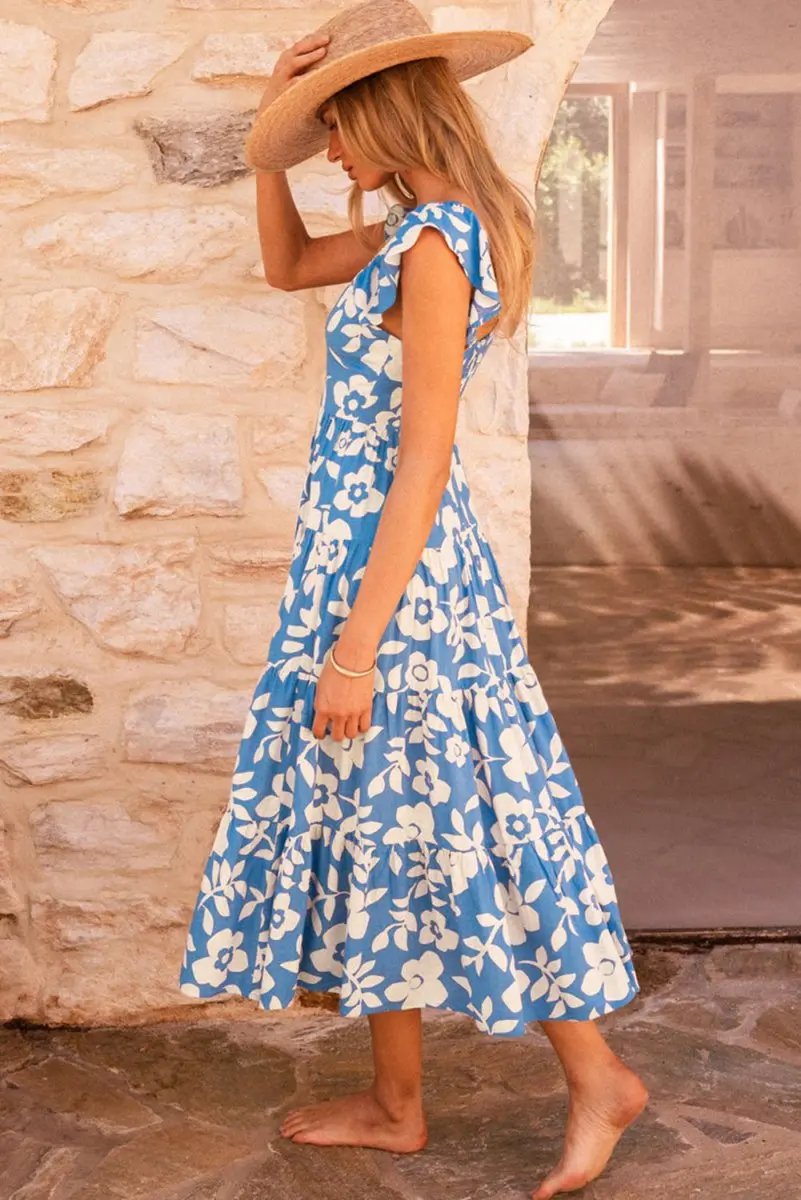 Love Salve Sky Blue Floral Vacation Dress Women's Flowy Tiered Summer Dress