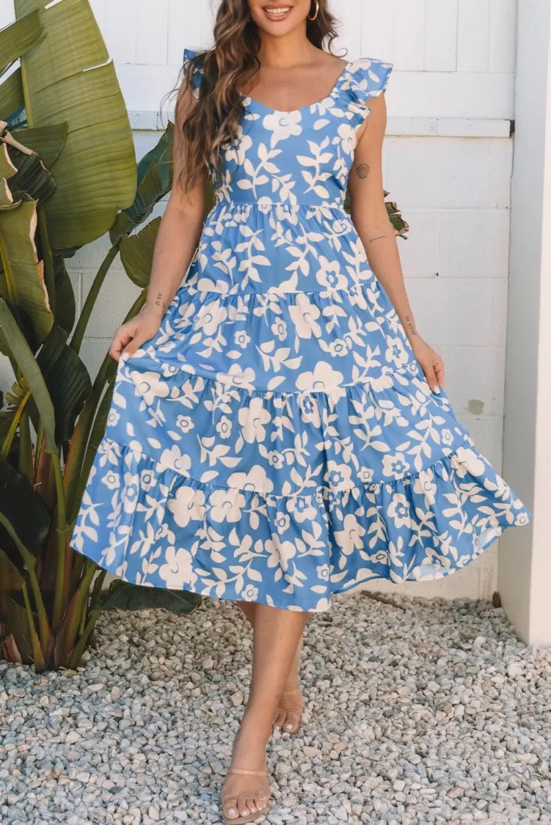 Love Salve Sky Blue Floral Vacation Dress Women's Flowy Tiered Summer Dress