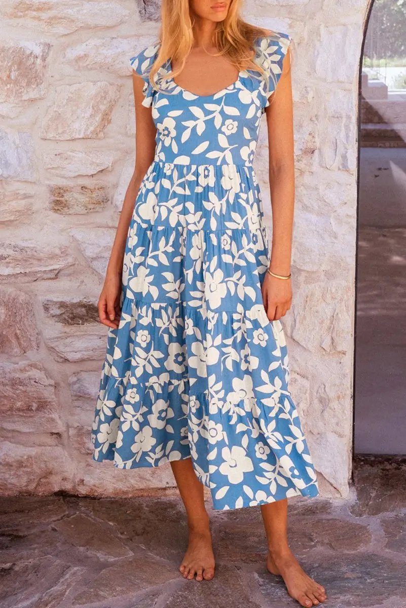 Love Salve Sky Blue Floral Vacation Dress Women's Flowy Tiered Summer Dress