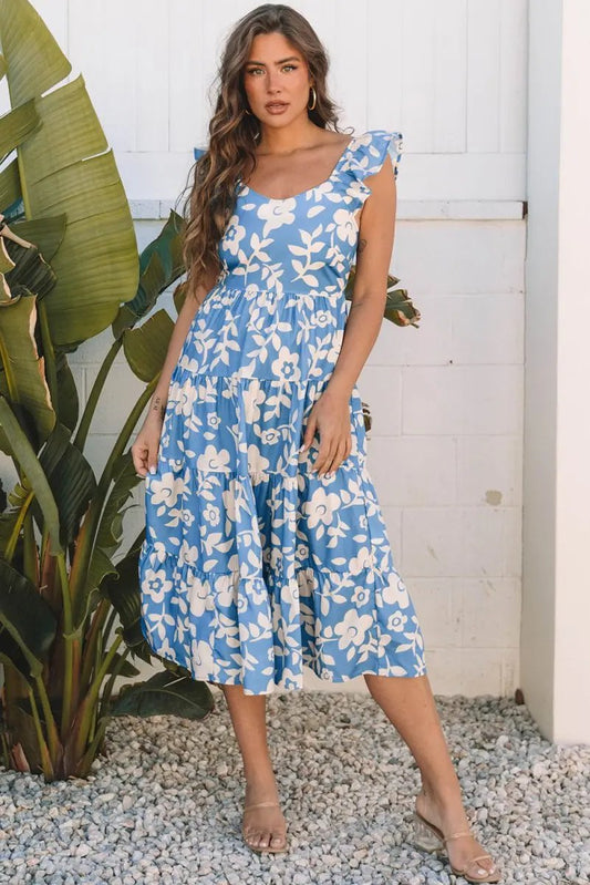 Love Salve Sky Blue Floral Vacation Dress Women's Flowy Tiered Summer Dress