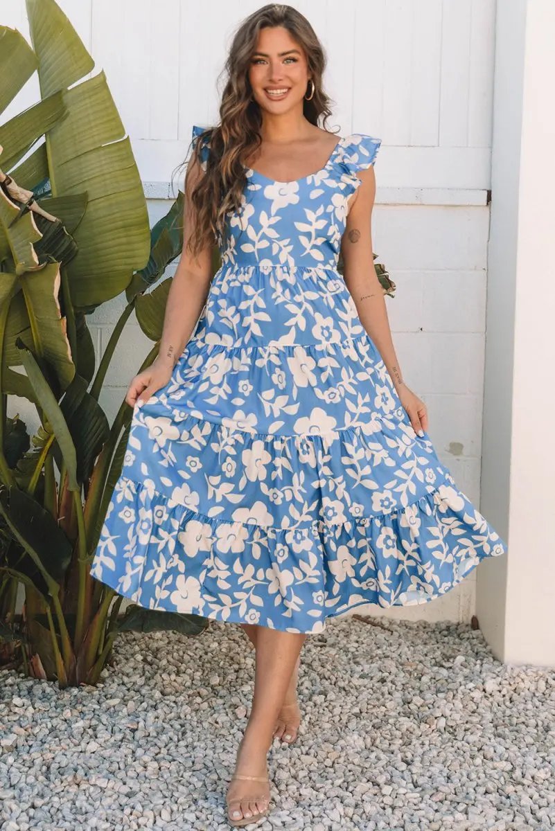Love Salve Sky Blue Floral Vacation Dress Women's Flowy Tiered Summer Dress