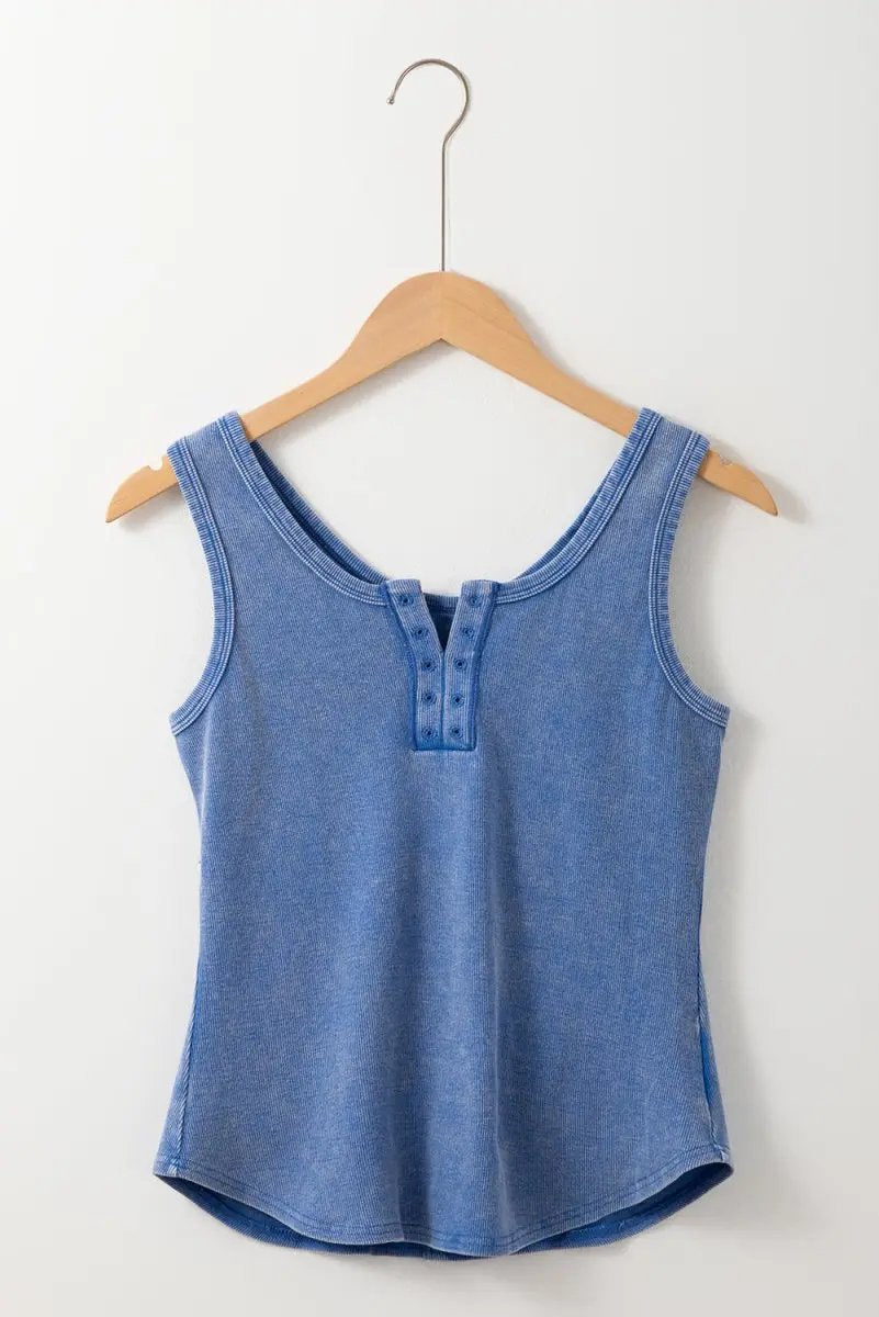 Ribbed Tank Top - Mineral Wash Notch Neck - Sky Blue Casual