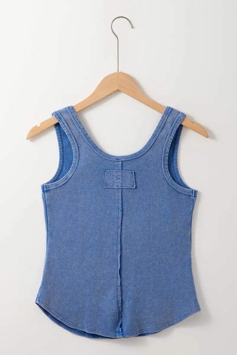 Ribbed Tank Top - Mineral Wash Notch Neck - Sky Blue Casual