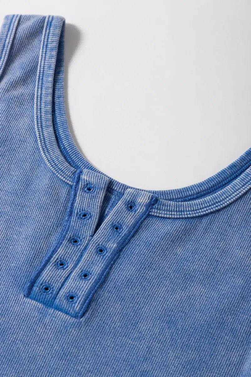Ribbed Tank Top - Mineral Wash Notch Neck - Sky Blue Casual