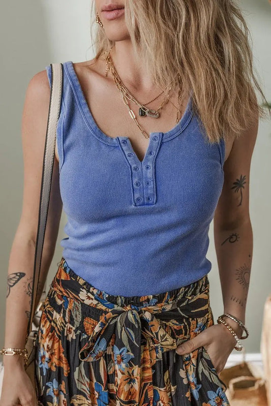 Ribbed Tank Top - Mineral Wash Notch Neck - Sky Blue Casual