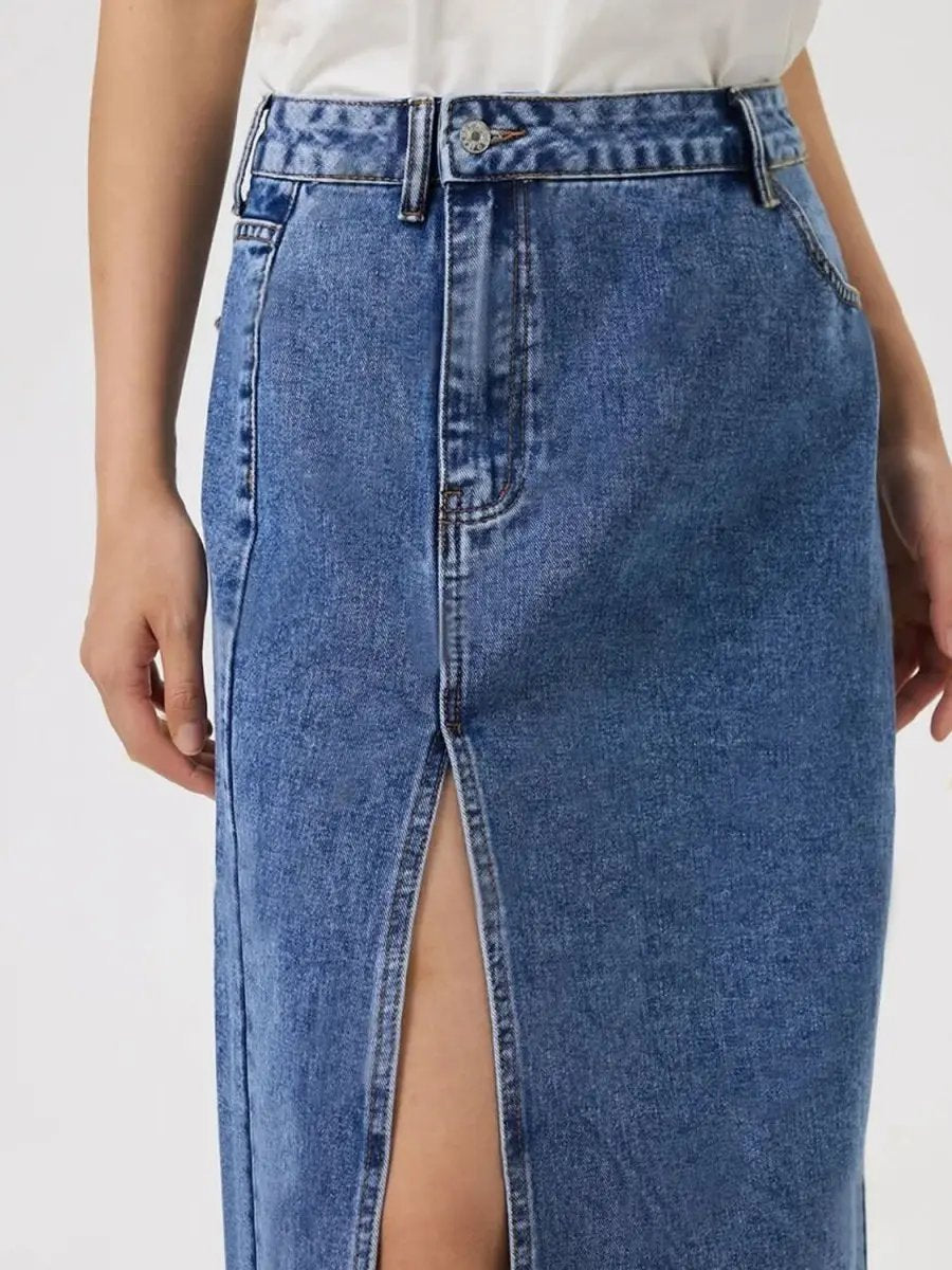 Denim Midi Skirt - Pocketed Slit - Chic & Versatile
