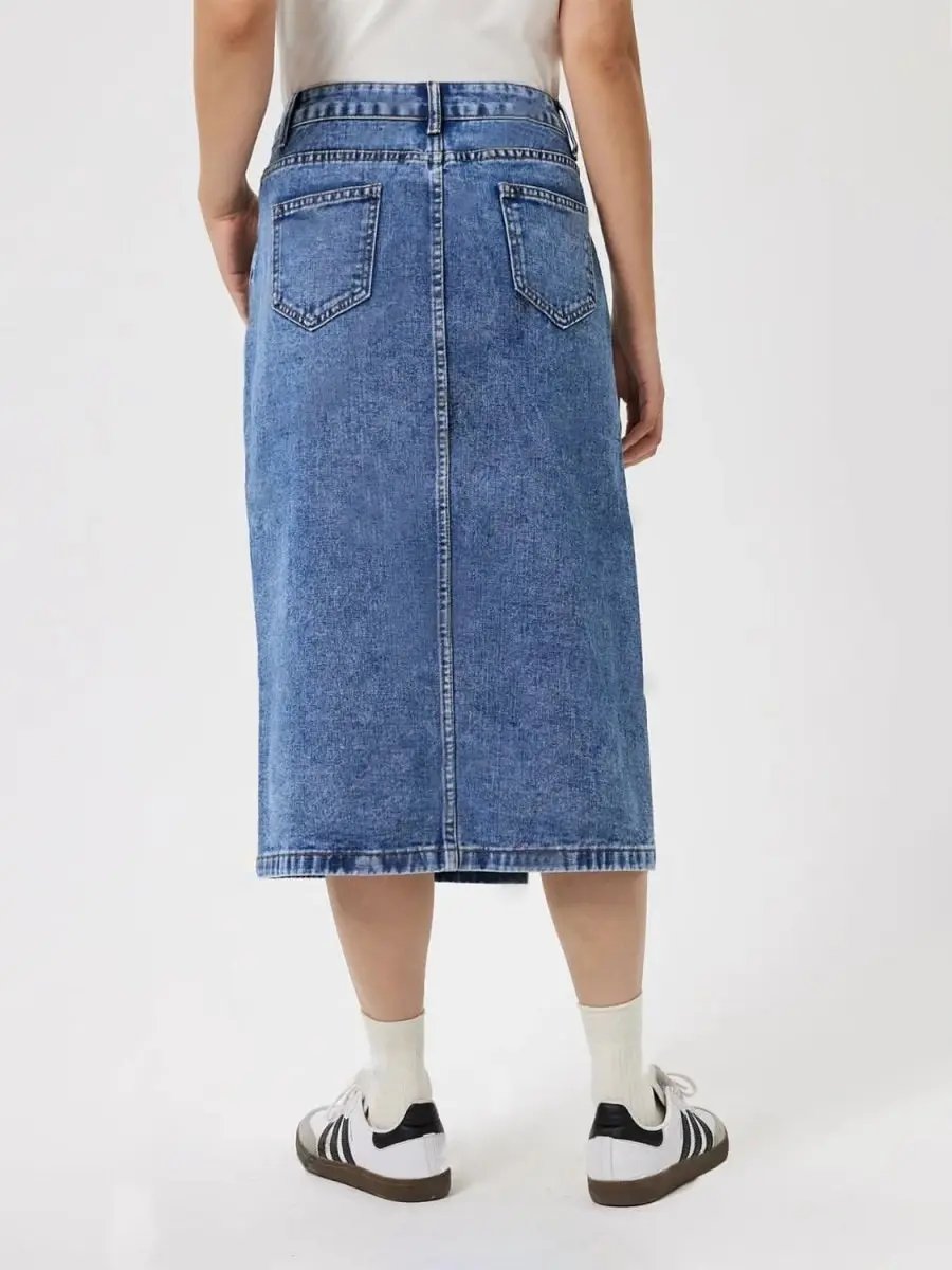 Denim Midi Skirt - Pocketed Slit - Chic & Versatile