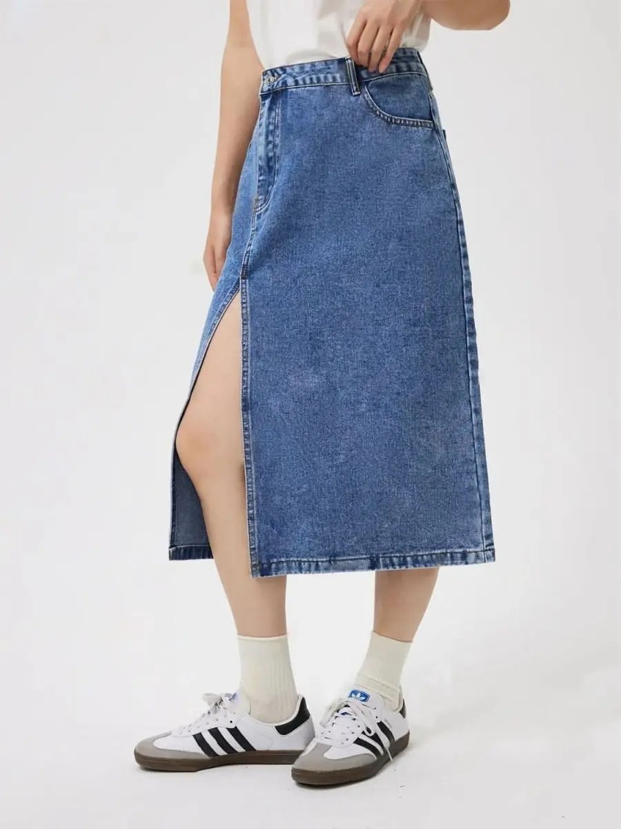 Denim Midi Skirt - Pocketed Slit - Chic & Versatile