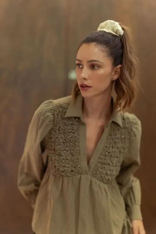 Trendsi Smocked Babydoll Blouse Women's Cute Long Sleeve Top Comfy Fit