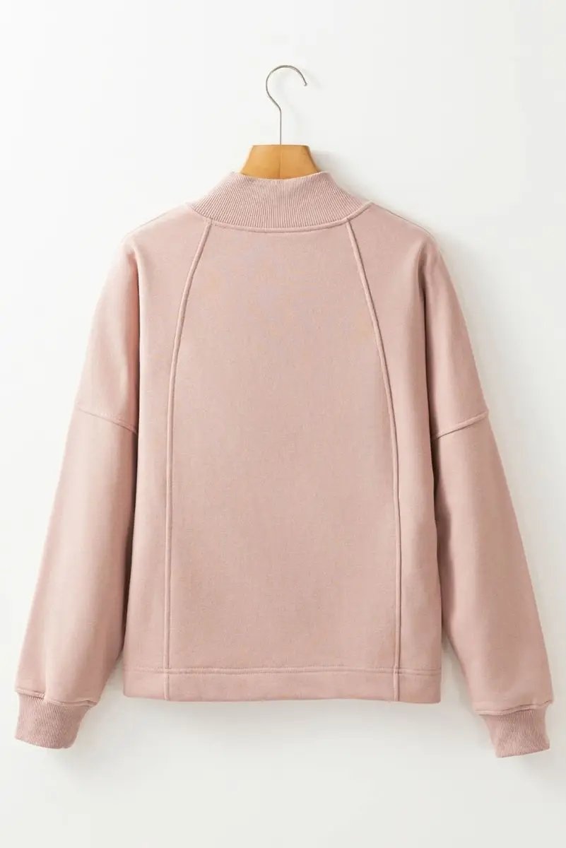 Women's Pullover Sweatshirt - Zipped Neck & Drop Shoulder - Casual Gray