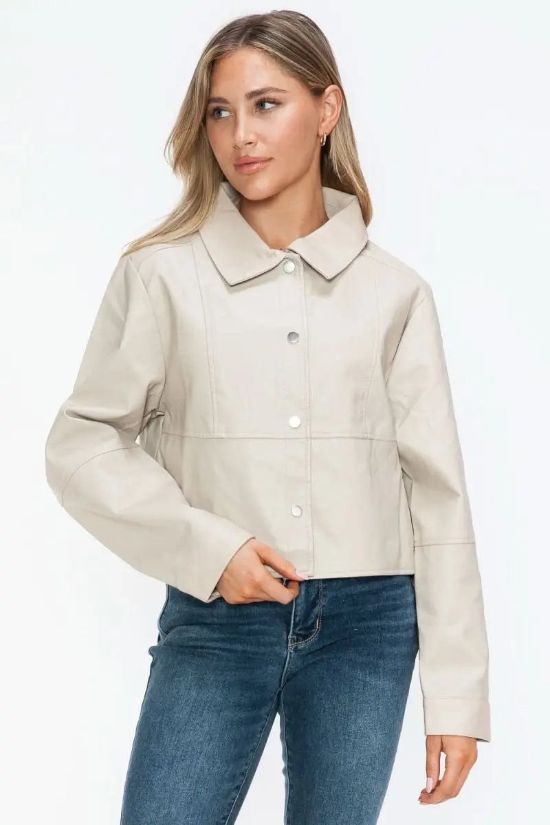 Trendsi PU Leather Jacket Women's Snap Down Long Sleeve Outerwear Chic & Stylish