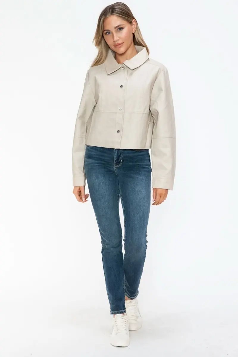 Trendsi PU Leather Jacket Women's Snap Down Long Sleeve Outerwear Chic & Stylish