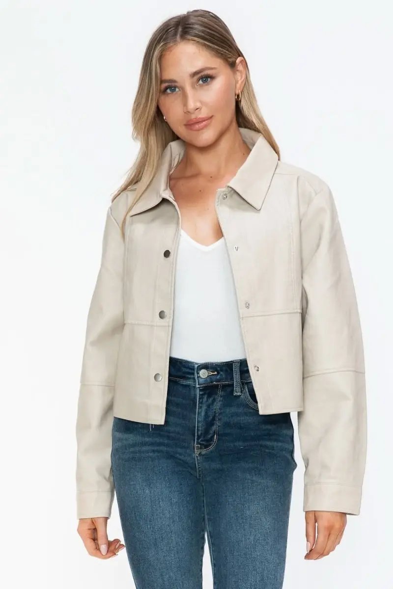 Trendsi PU Leather Jacket Women's Snap Down Long Sleeve Outerwear Chic & Stylish