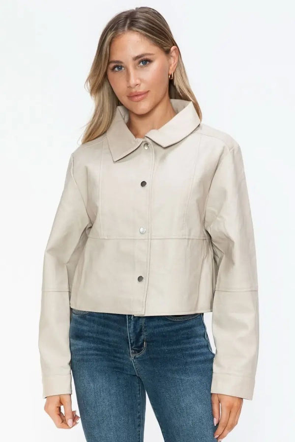 Trendsi PU Leather Jacket Women's Snap Down Long Sleeve Outerwear Chic & Stylish