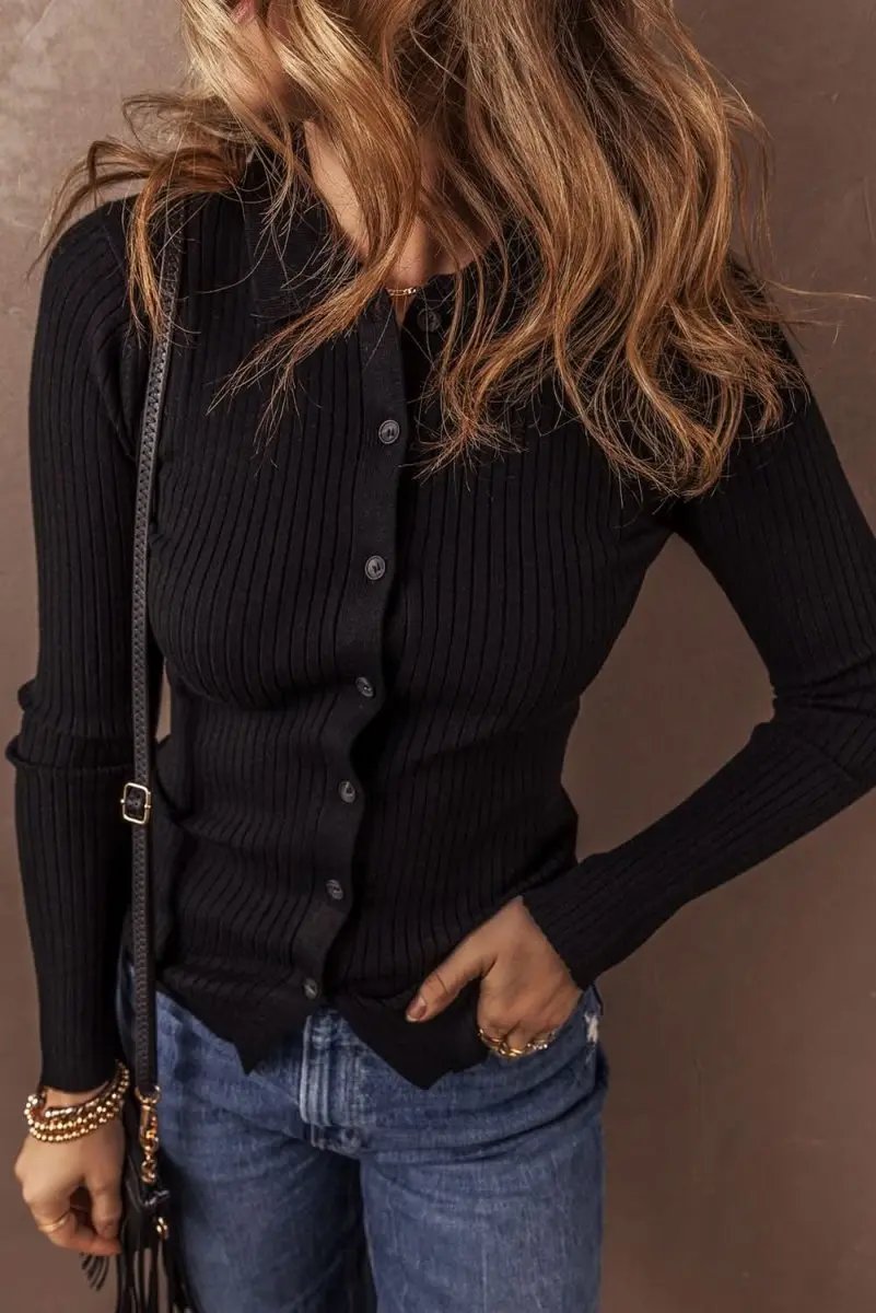 Love Salve Black Ribbed Knit Women's Cardigan Sweater Slim Fit & Sophisticated