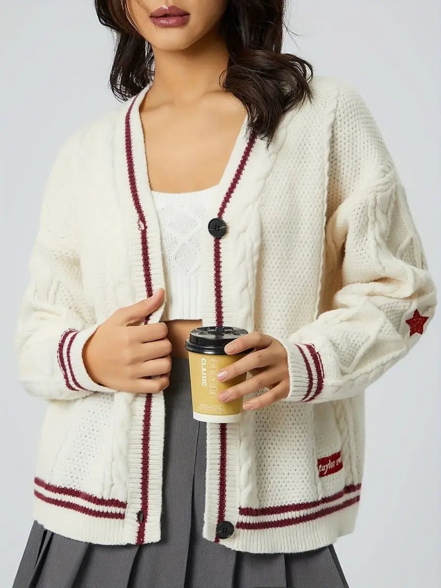 Trendsi Star Embroidered Women's V-Neck Cardigan Long Sleeve Stylish Wear