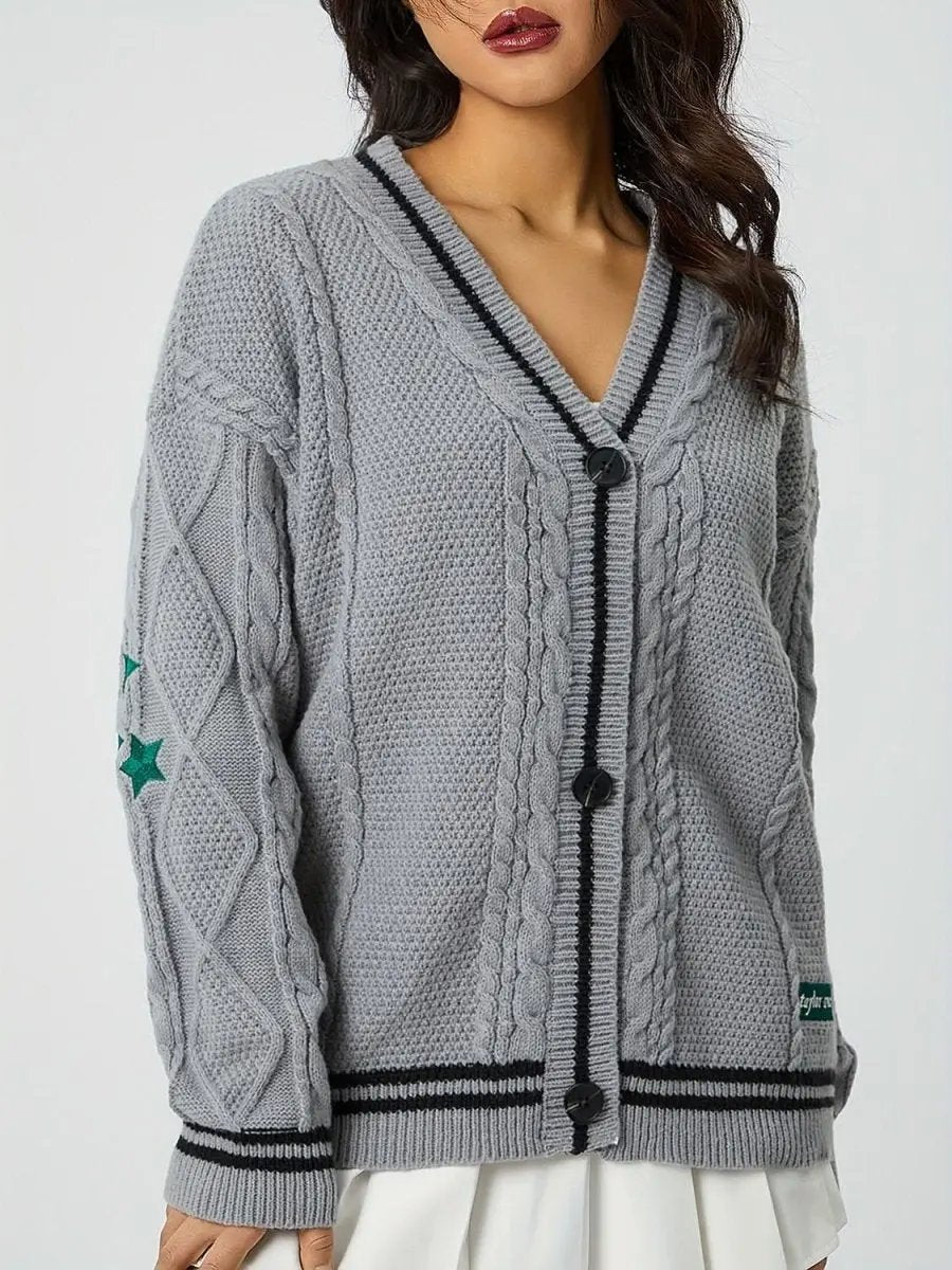 Trendsi Star Embroidered Women's V-Neck Cardigan Long Sleeve Stylish Wear