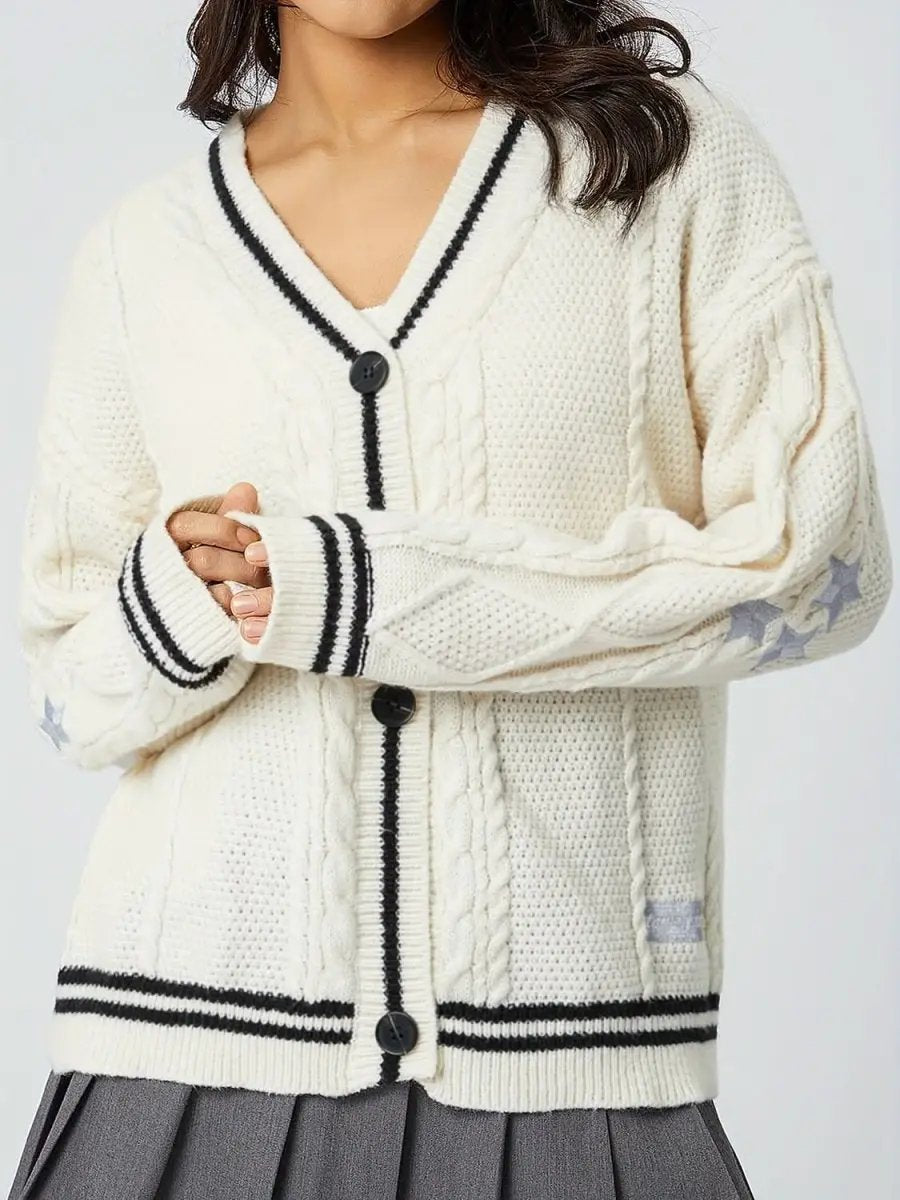 Trendsi Star Embroidered Women's V-Neck Cardigan Long Sleeve Stylish Wear