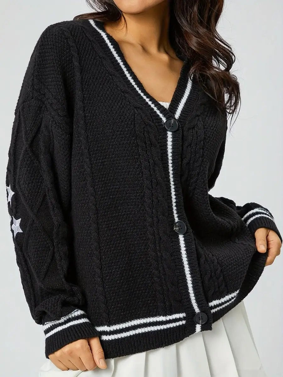 Trendsi Star Embroidered Women's V-Neck Cardigan Long Sleeve Stylish Wear