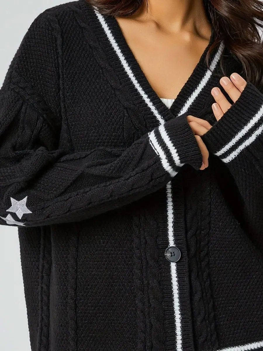Trendsi Star Embroidered Women's V-Neck Cardigan Long Sleeve Stylish Wear