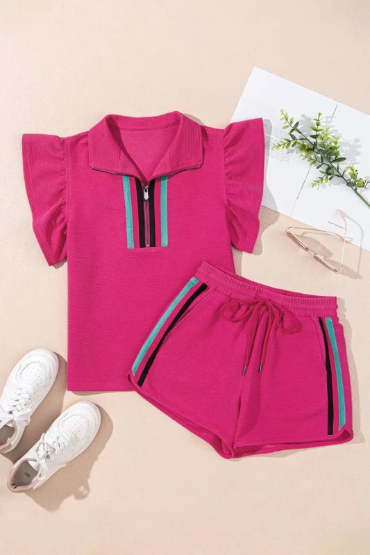 Love Salve Pink Striped Set Women's Casual Summer Outfit Set - Flutter Sleeves, Zipped Collar