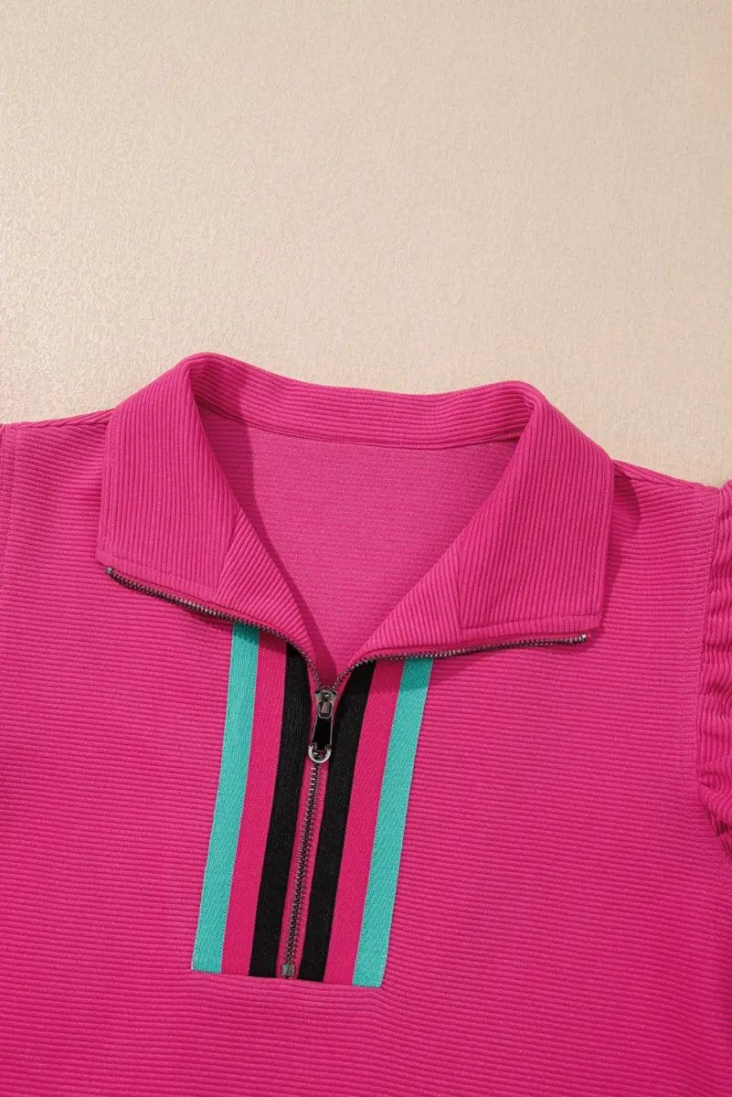 Love Salve Pink Striped Set Women's Casual Summer Outfit Set - Flutter Sleeves, Zipped Collar