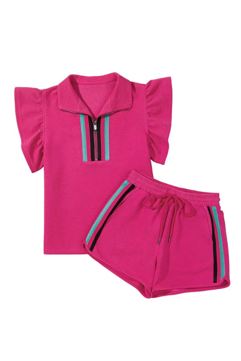 Love Salve Pink Striped Set Women's Casual Summer Outfit Set - Flutter Sleeves, Zipped Collar