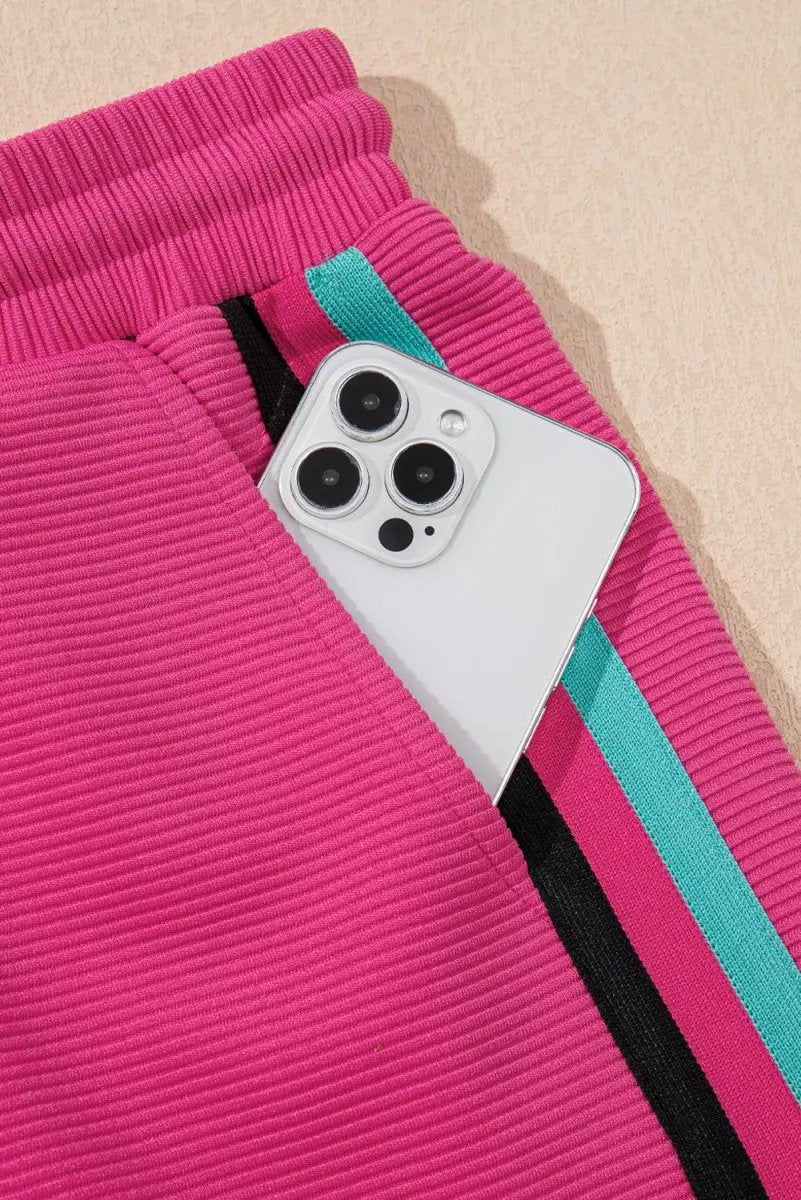 Love Salve Pink Striped Set Women's Casual Summer Outfit Set - Flutter Sleeves, Zipped Collar