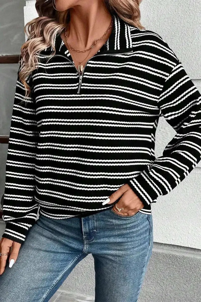 Trendsi Striped Half Zip Women's Long Sleeve Top Casual Stylish Wear