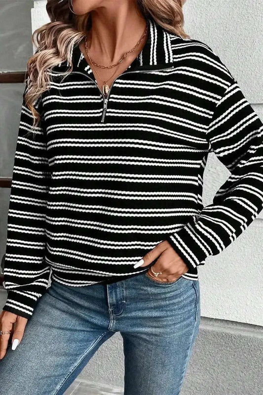 Trendsi Striped Half Zip Women's Long Sleeve Top Casual Stylish Wear