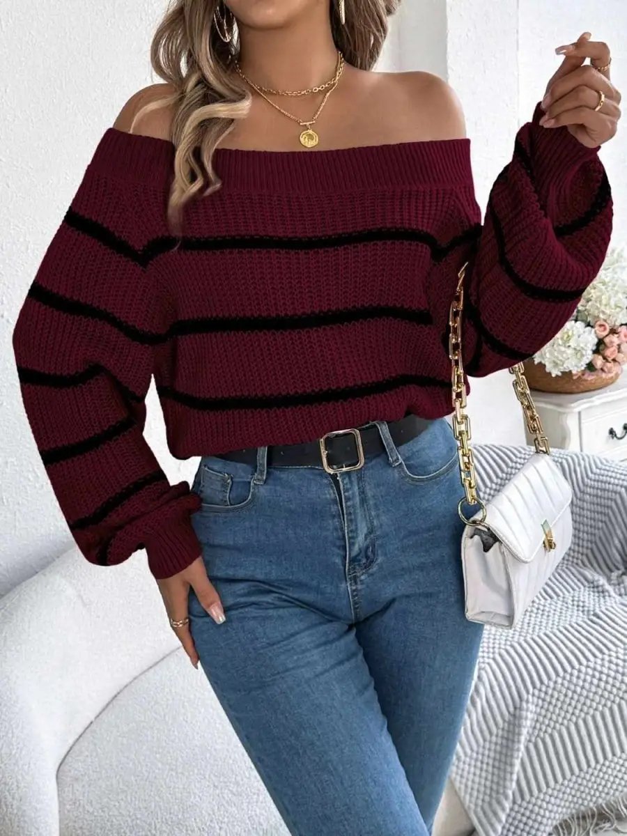 Trendsi Striped Off-Shoulder Women's Sweater: Chic Long Sleeve Top