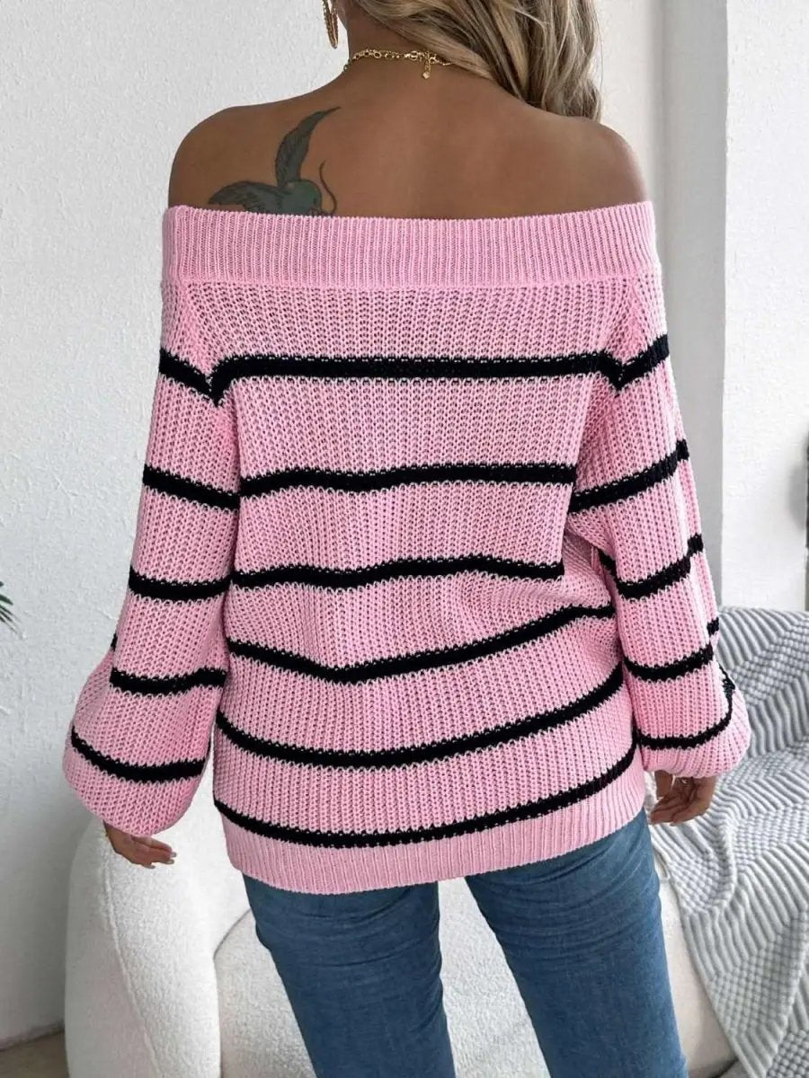 Trendsi Striped Off-Shoulder Women's Sweater: Chic Long Sleeve Top