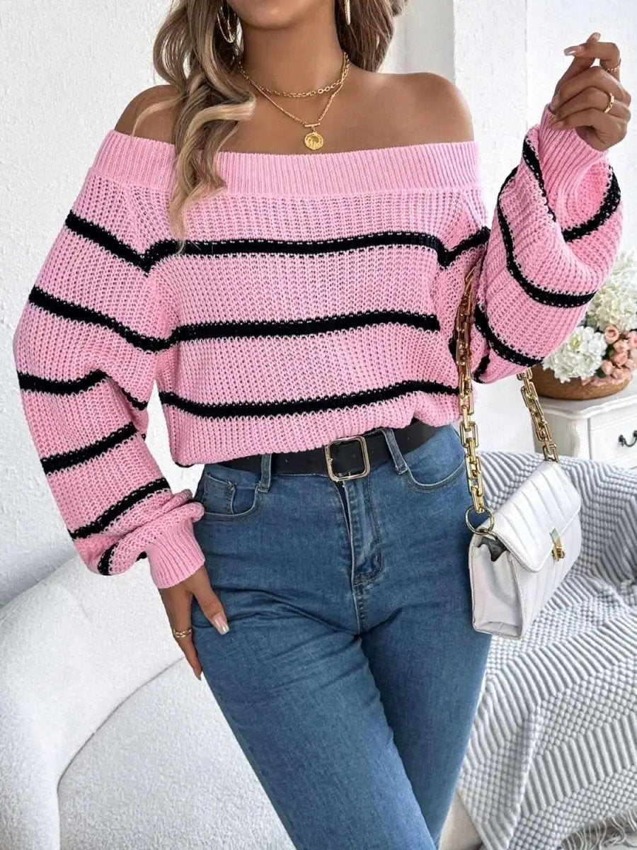 Trendsi Striped Off-Shoulder Women's Sweater: Chic Long Sleeve Top