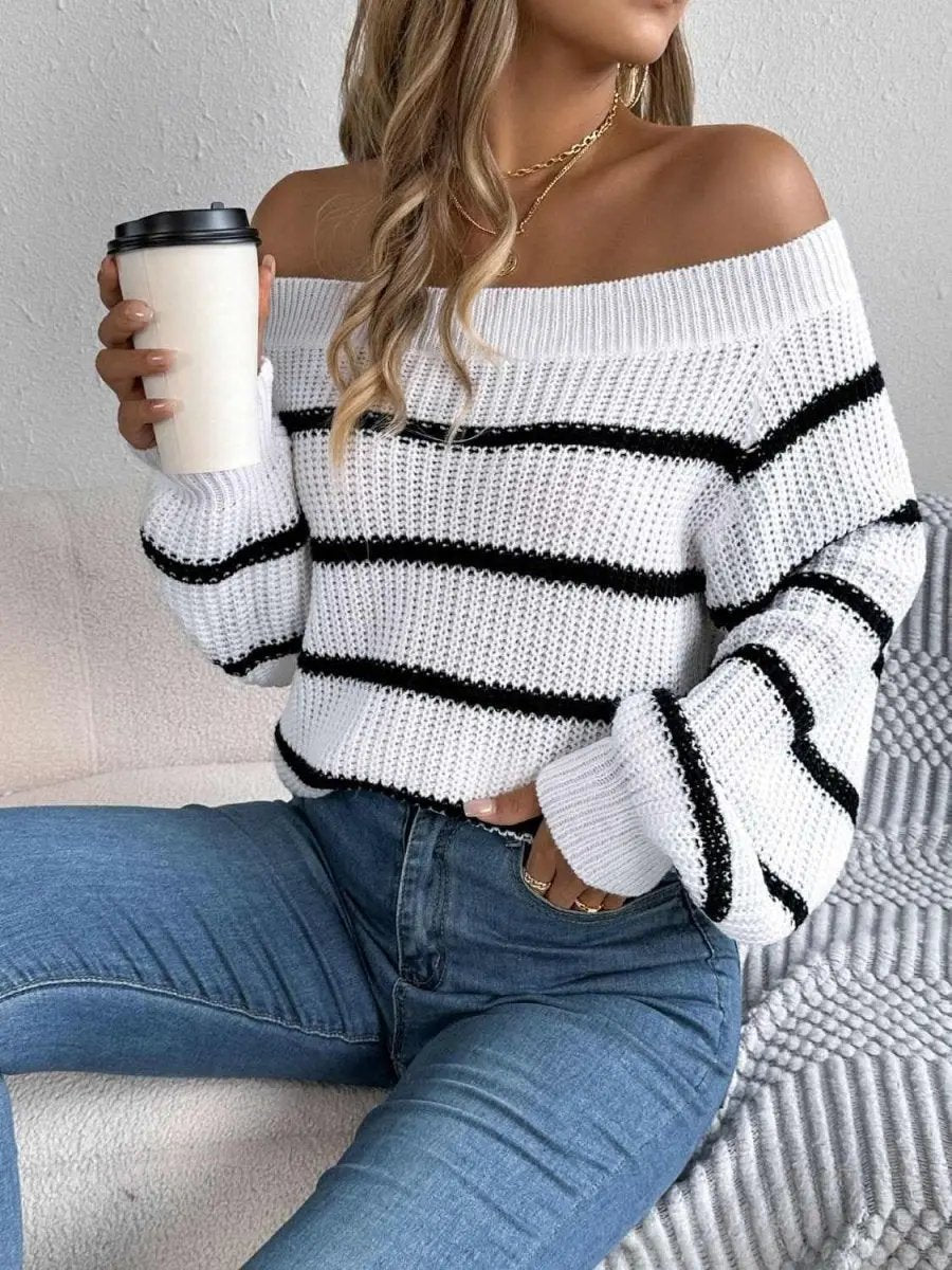 Trendsi Striped Off-Shoulder Women's Sweater: Chic Long Sleeve Top