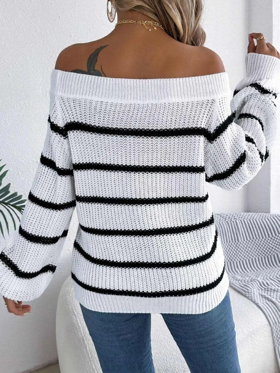 Trendsi Striped Off-Shoulder Women's Sweater: Chic Long Sleeve Top