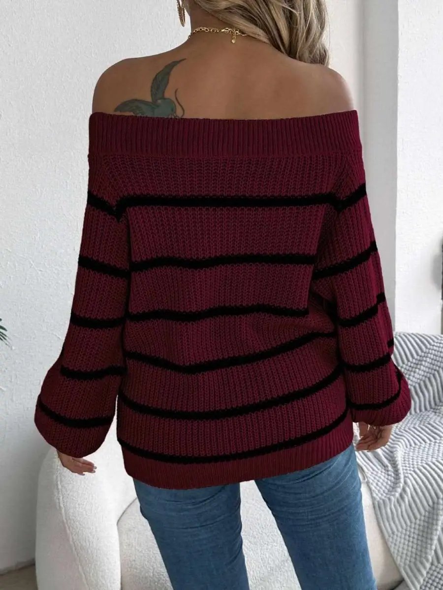 Trendsi Striped Off-Shoulder Women's Sweater: Chic Long Sleeve Top