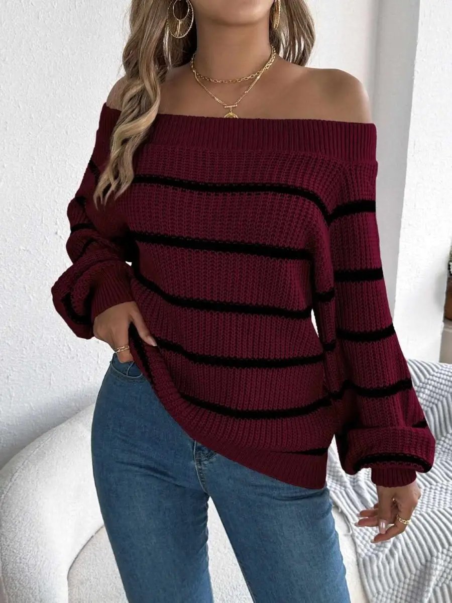 Trendsi Striped Off-Shoulder Women's Sweater: Chic Long Sleeve Top