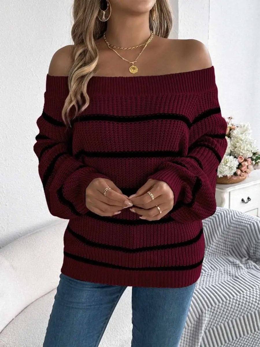 Trendsi Striped Off-Shoulder Women's Sweater: Chic Long Sleeve Top