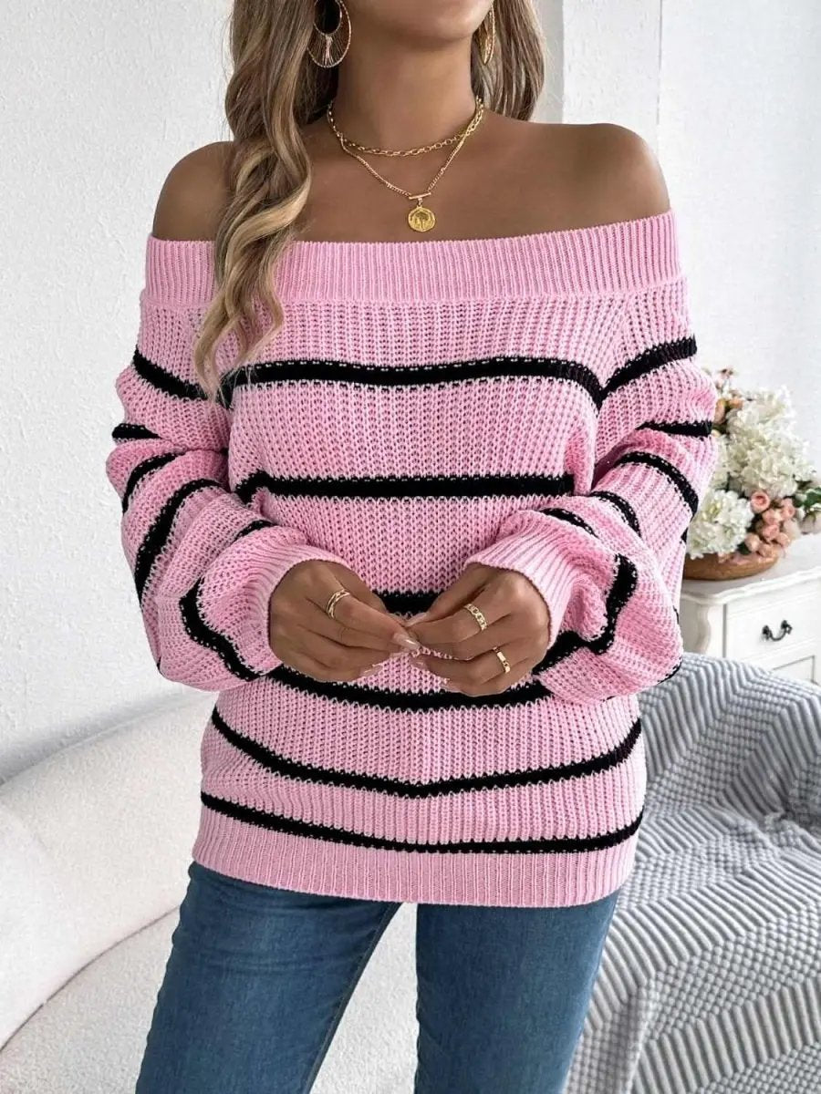 Trendsi Striped Off-Shoulder Women's Sweater: Chic Long Sleeve Top