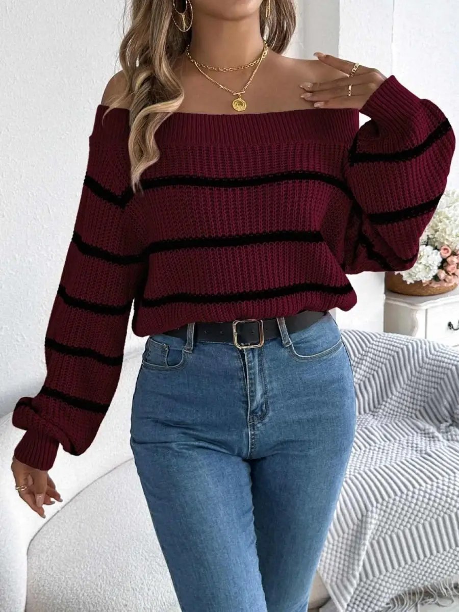 Trendsi Striped Off-Shoulder Women's Sweater: Chic Long Sleeve Top