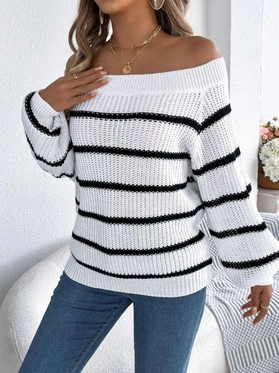 Trendsi Striped Off-Shoulder Women's Sweater: Chic Long Sleeve Top