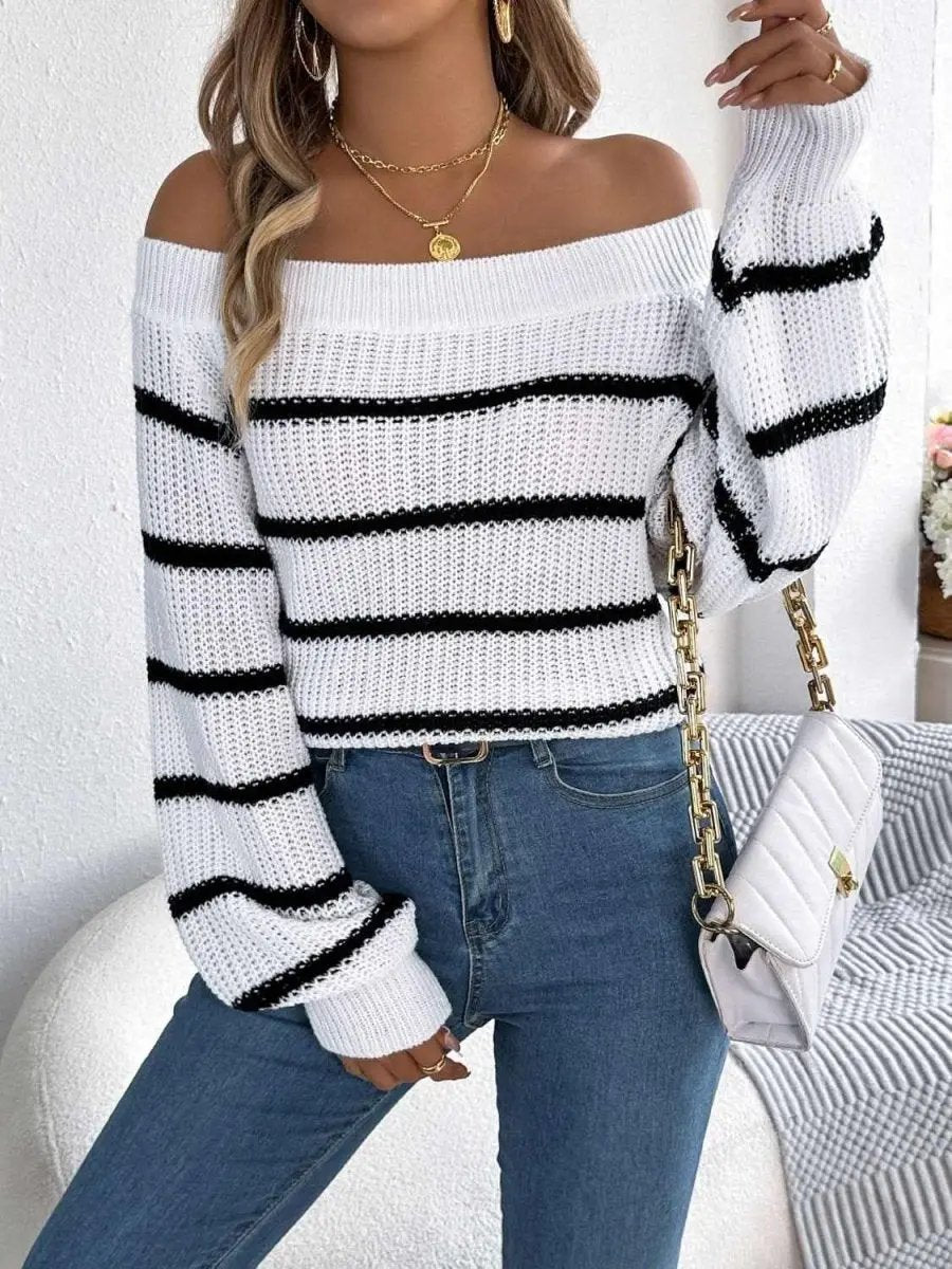 Trendsi Striped Off-Shoulder Women's Sweater: Chic Long Sleeve Top