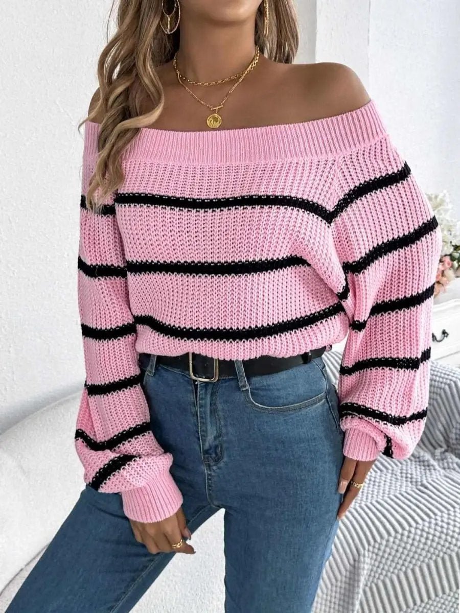 Trendsi Striped Off-Shoulder Women's Sweater: Chic Long Sleeve Top