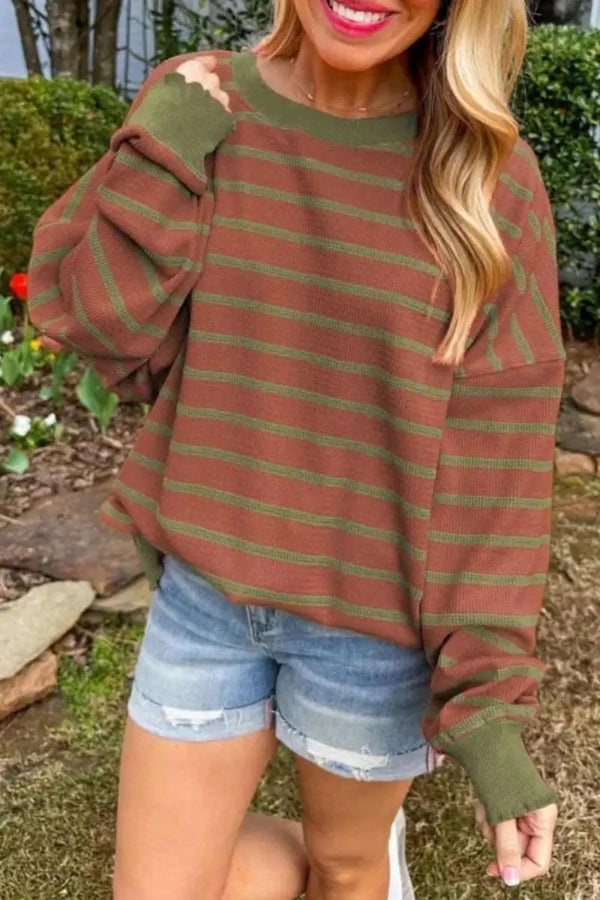 Trendsi Striped Sweater Women's Casual Round Neck Long Sleeve Top Comfortable