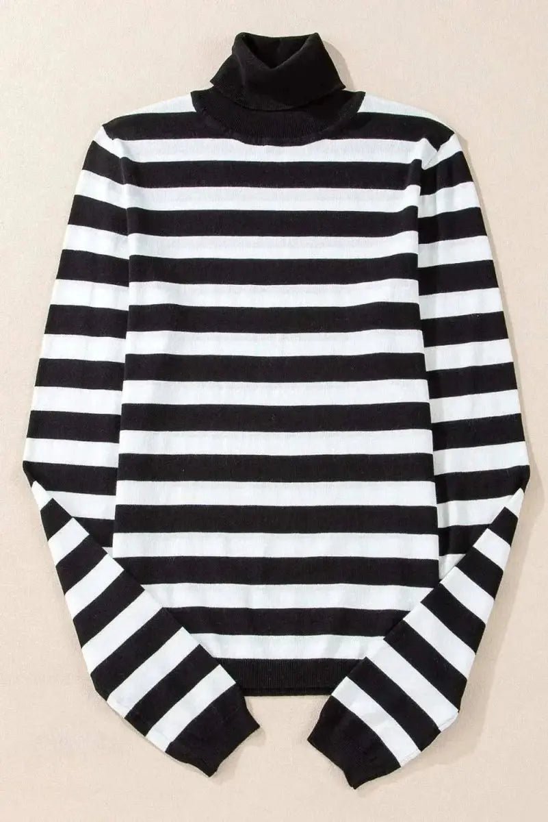 Trendsi Striped Turtleneck Women's Long Sleeve Knit Top - Comfortable Wear