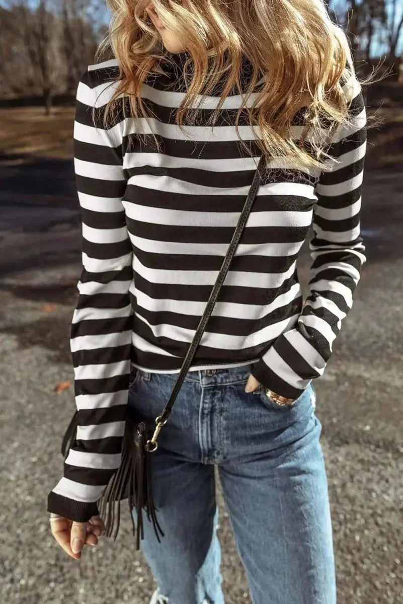 Trendsi Striped Turtleneck Women's Long Sleeve Knit Top - Comfortable Wear