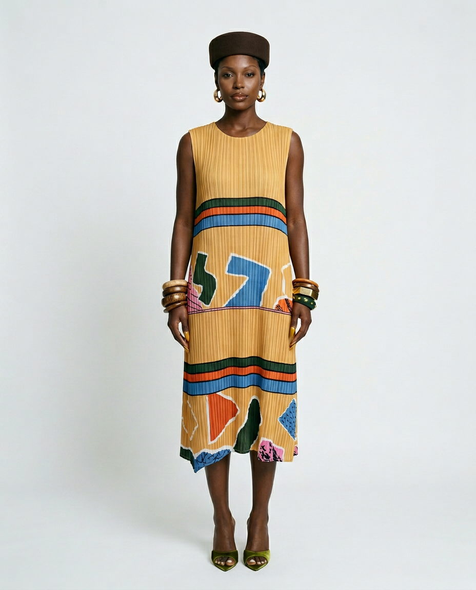 Vibrant Geometric Pleated Midi Dress